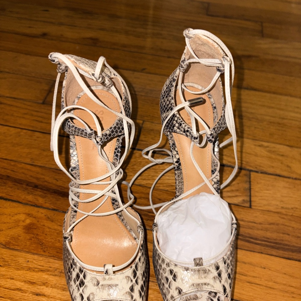 SCHUTZ Beige Snakeskin Lace-Up Heels